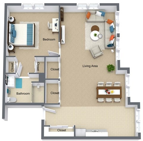 Floor plan for 1 bed, 1 bath, 964 sqft